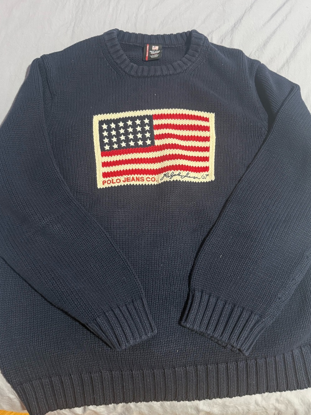 Ralph Lauren Navy Crewneck Sweater with Flag Patch